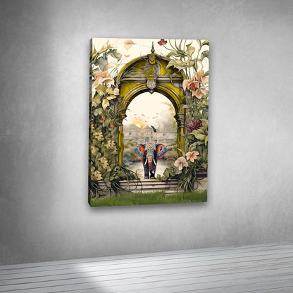 Royal Elephant Through Floral Arch Canvas Painting Wall Art