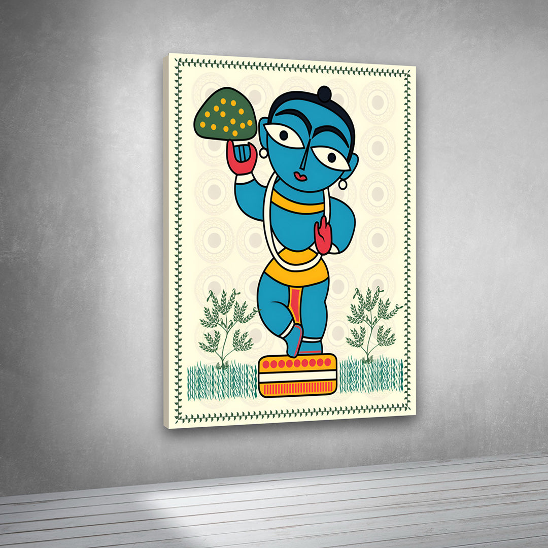 Krishna Folk Art Canvas Painting Frame – Traditional Indian Krishna Illustration Canvas Wall Art Painting Frame for Living Room & Spiritual Decor
