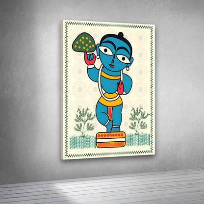 Krishna Folk Art Canvas Painting Frame – Traditional Indian Krishna Illustration Canvas Wall Art Painting Frame for Living Room & Spiritual Decor