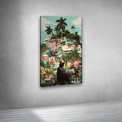 Tropical Village Canvas Painting Frame – Colorful Palm Tree Town Landscape Canvas Wall Art Painting Frame for Living Room Wall Decor