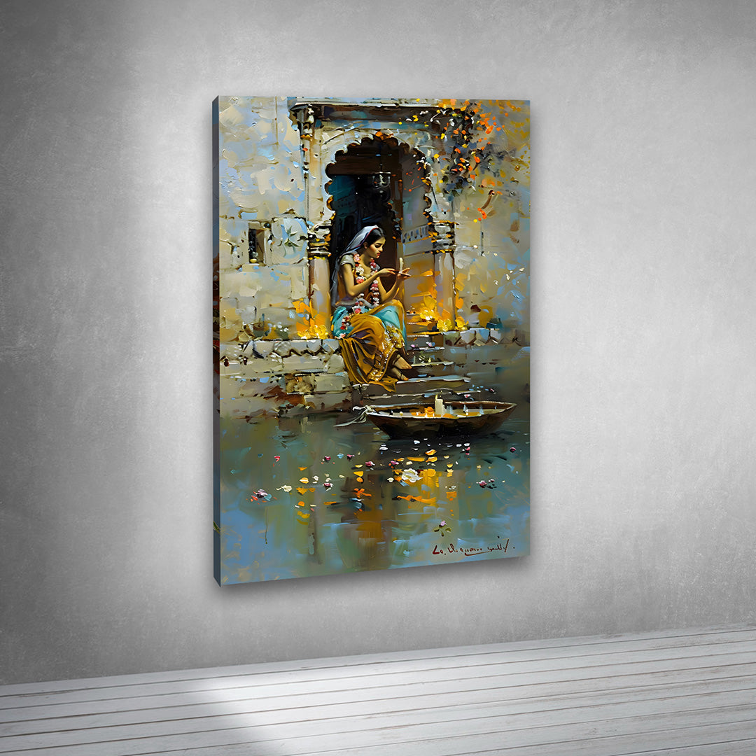 Traditional Indian Woman Diya Canvas Painting Frame – Spiritual Festival Canvas Wall Art Painting Frame for Living Room Wall Decor