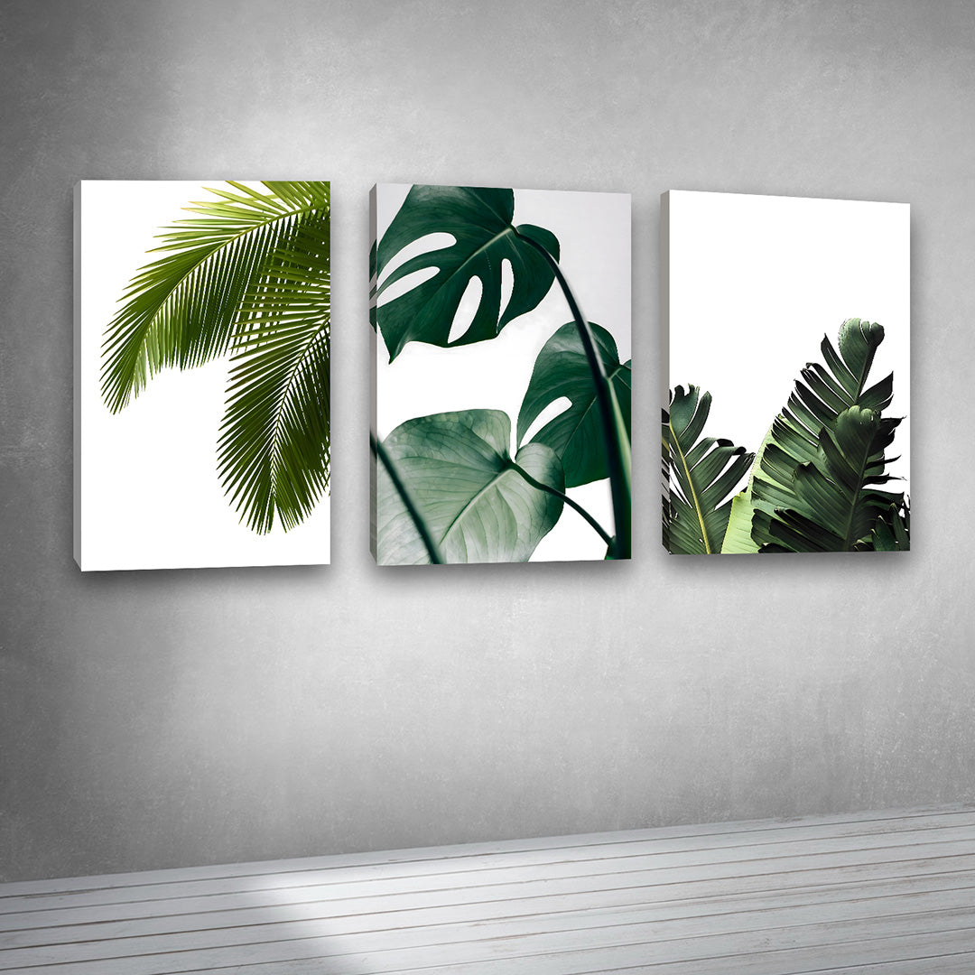 Tropical Leaves Wall Art Set of 3 Panels | Modern Botanical Canvas Painting | Acrylic UV Printed Wall Decor for Living Room Bedroom(18 x 24 Inches Each Part)