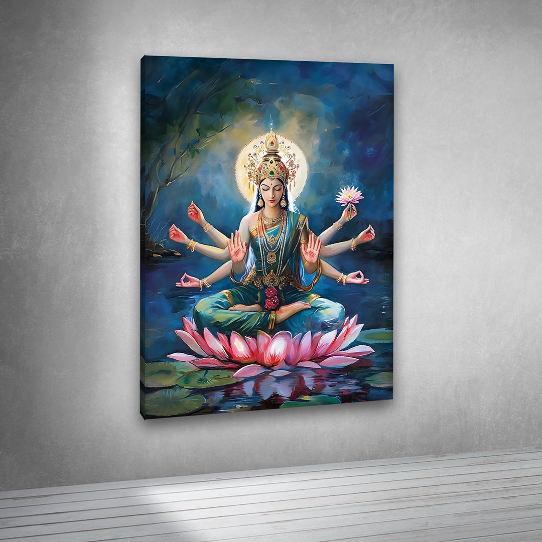 Goddess Lakshmi Lotus Canvas Painting Frame Wall Art Decor | Spiritual Lakshmi Devi Canvas Painting Frame for Living Room