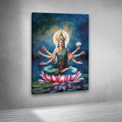 Goddess Lakshmi Lotus Canvas Painting Frame Wall Art Decor | Spiritual Lakshmi Devi Canvas Painting Frame for Living Room