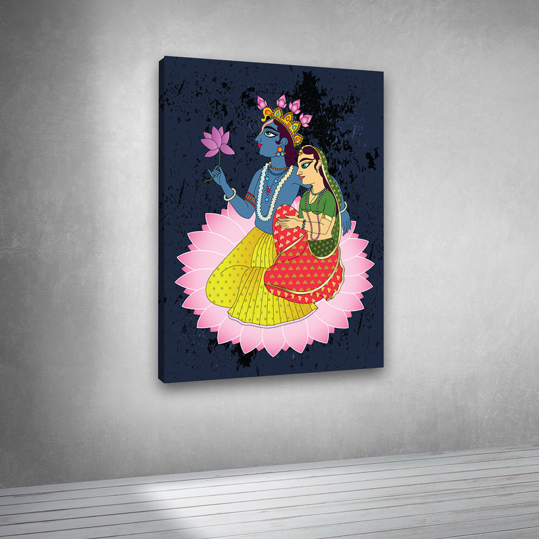 Radha Krishna Lotus Wall Painting – Divine Couple Canvas Art for Home Decor
