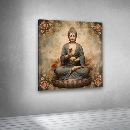 Meditating Buddha Floral Canvas Painting for Living Room & Meditation Space Décor