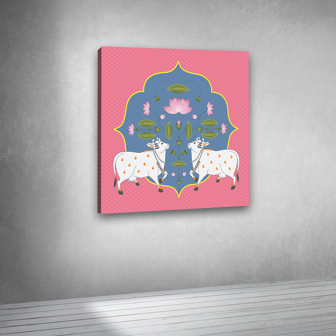 Pichwai Indian Traditional Canvas Wall Art Canvas Frame | Traditional Pink Pichwai Art with Sacred Cows | Symmetric Kamdhenu with Lotus Modern Wall Art Decors