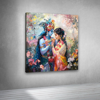 Radha Krishna Floral Divine Canvas Painting Wall Art