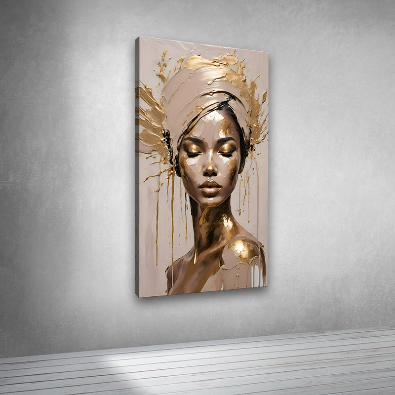 Canvas Painting Wall Frame | Elegant Queen in Gold Turban Abstract Art | Big Large Size Luxury Bedroom Canvas Wall Frame