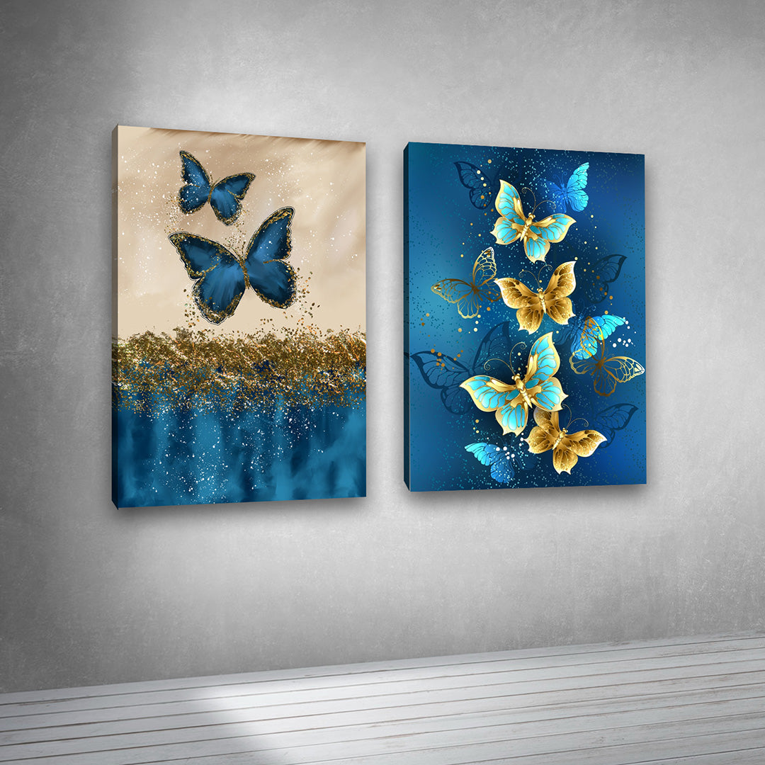 Blue Gold Butterfly Canvas Painting Set of 2 Modern Wall Art (18 x 24 Inches Each Part)