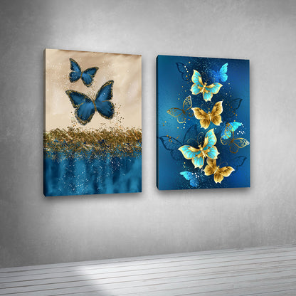 Blue Gold Butterfly Canvas Painting Set of 2 Modern Wall Art (18 x 24 Inches Each Part)