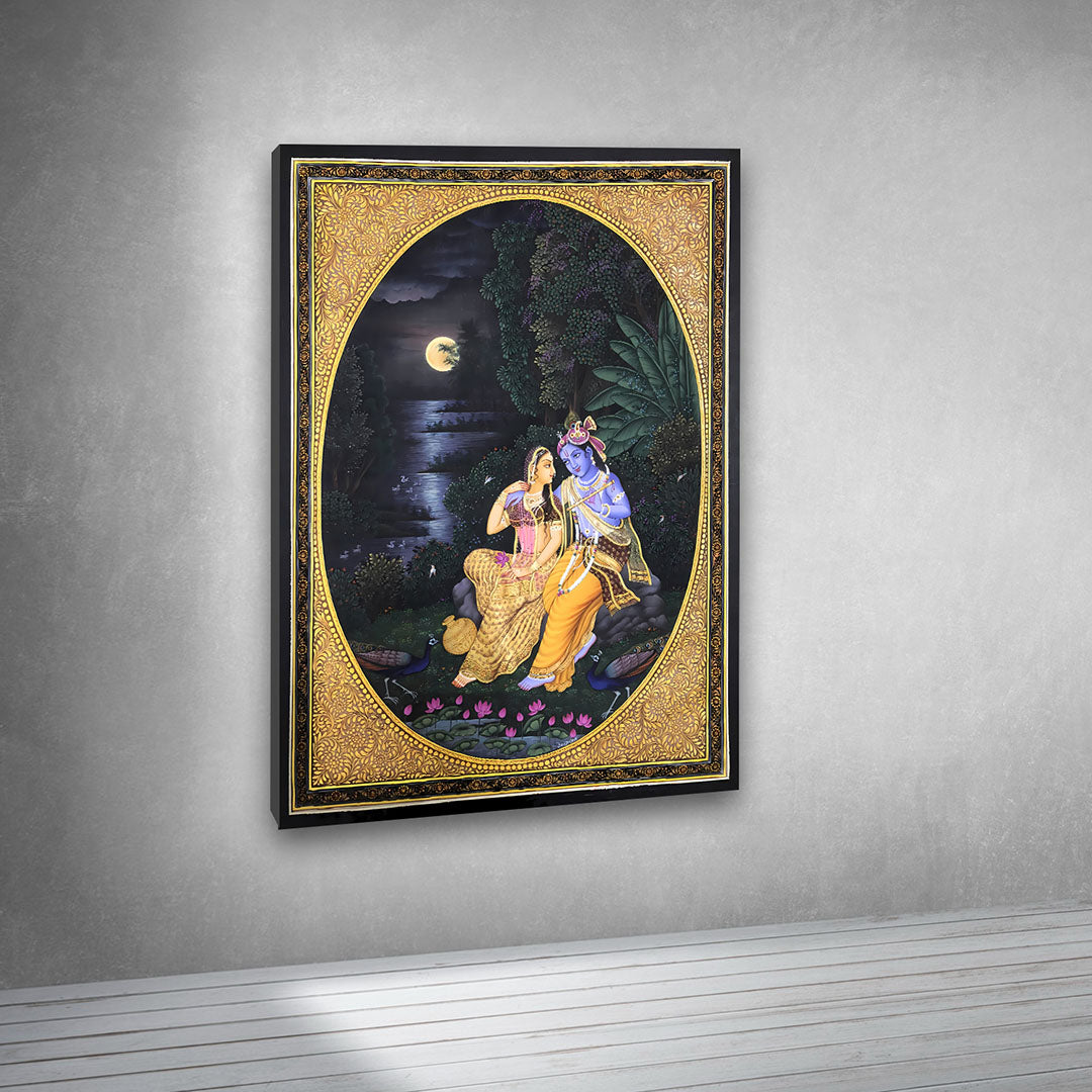 Radha Krishna Moonlight Gold Frame Canvas Painting Elegant Wall Decor for Living Room