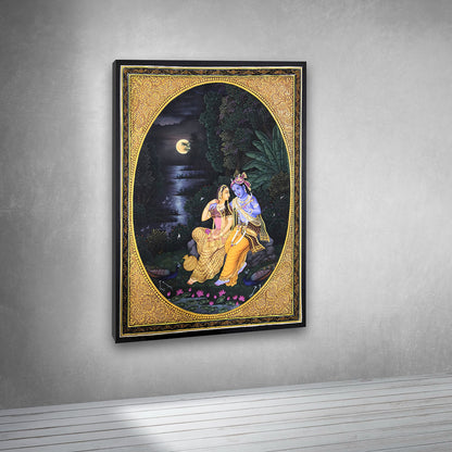 Radha Krishna Moonlight Gold Frame Canvas Painting Elegant Wall Decor for Living Room