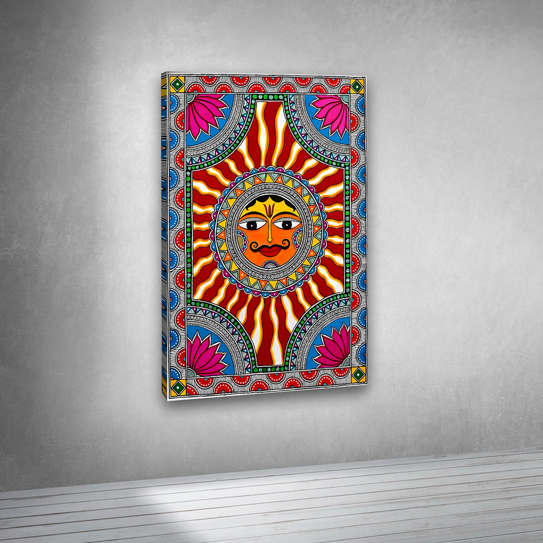 Sun Face Traditional Indian Canvas Wall Art | Ethnic Folk Sun Painting for Home Decor & Living Room