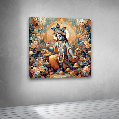 Lord Krishna Floral Mandala Wall Painting – Divine Krishna Canvas Art for Home Decor