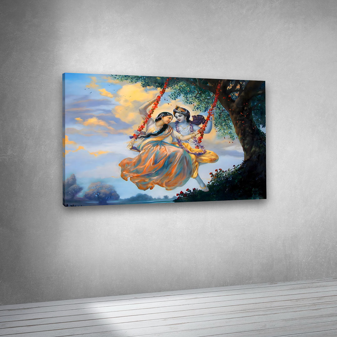 Radha Krishna Jhula Canvas Painting Frame Romantic Wall Decor for Living Room