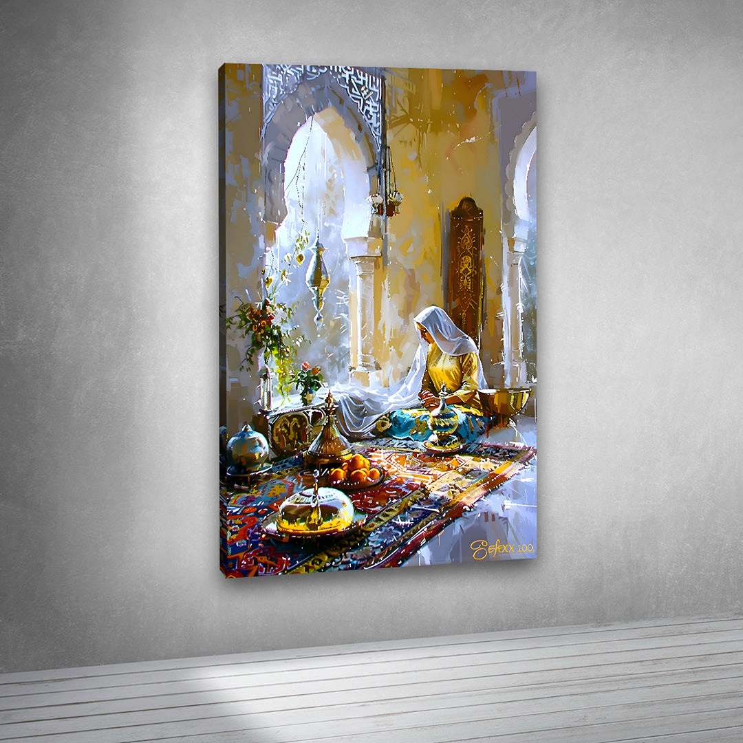Oriental Moroccan Interior Canvas Painting Frame – Traditional Middle Eastern Palace Canvas Wall Art Painting Frame for Living Room Decor
