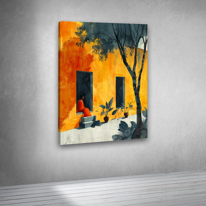 Woman Sitting Outside Orange Wall Canvas Painting Wall Art