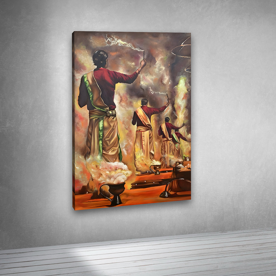 Varanasi Ganga Aarti Canvas Painting Frame – Spiritual Indian Temple Ritual Canvas Wall Art Painting Frame for Living Room Decor