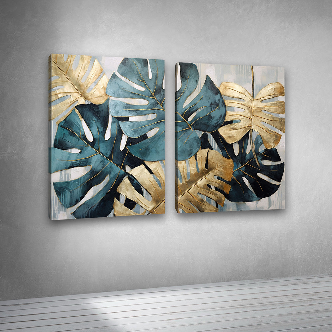 Monstera Leaf Canvas Wall Art 2 Panel Botanical Painting Decor (18 x 24 Inches Each Part)