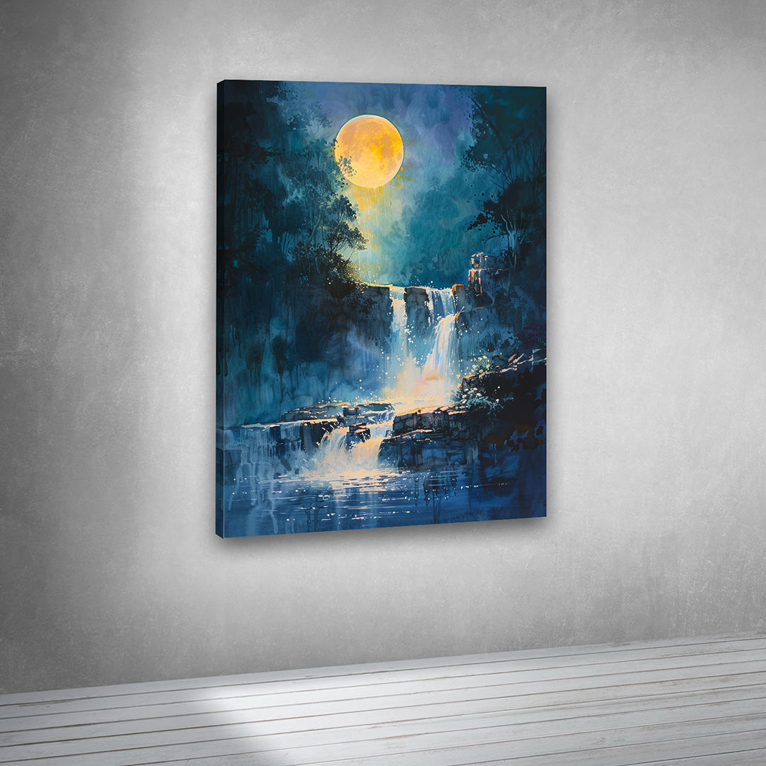 Moonlight Waterfall Landscape Canvas Painting Wall Art