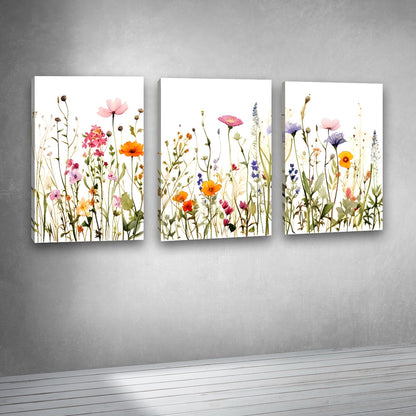 Wildflower Meadow Wall Art Set of 3 Panels | Colorful Floral Canvas Painting | Acrylic UV Printed Wall Decor for Living Room Bedroom (18 x 24 Inches Each Part)