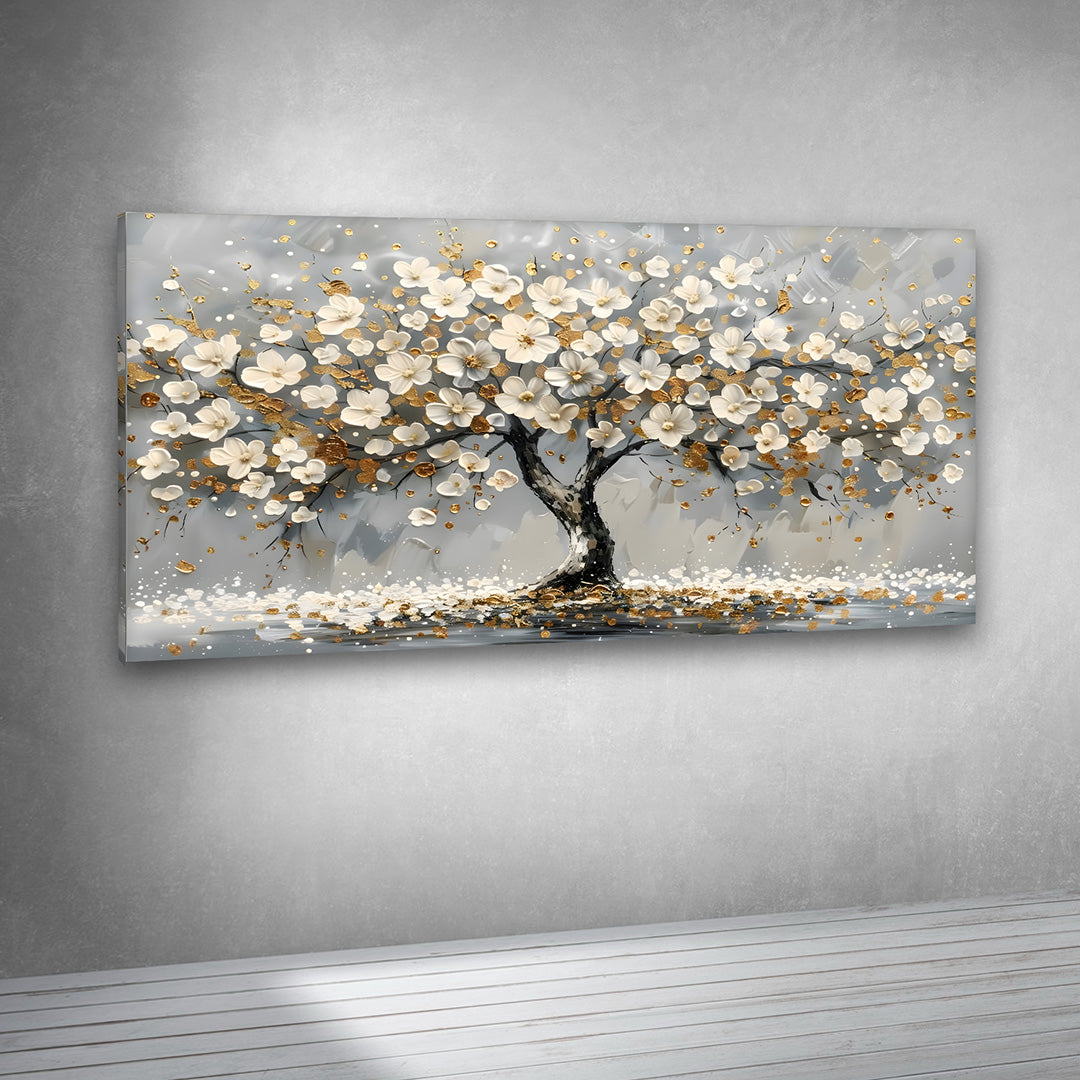 Golden Blossom Tree Canvas Painting Frame Wall Art Decor | Large Modern Floral Tree Canvas Painting Frame for Living Room