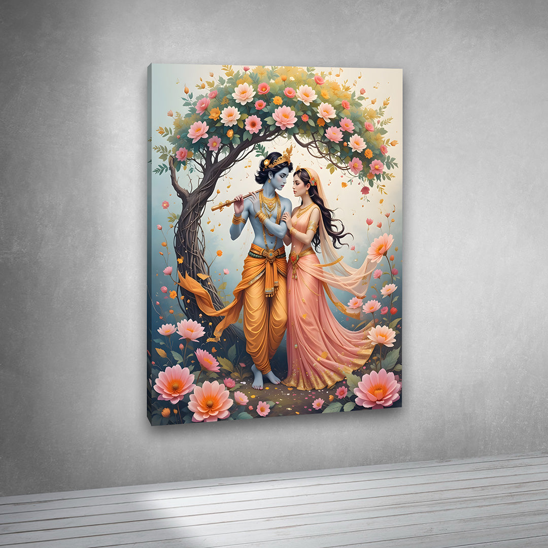 Radha Krishna Floral Canvas Painting Frame Romantic Spiritual Wall Decor for Living Room