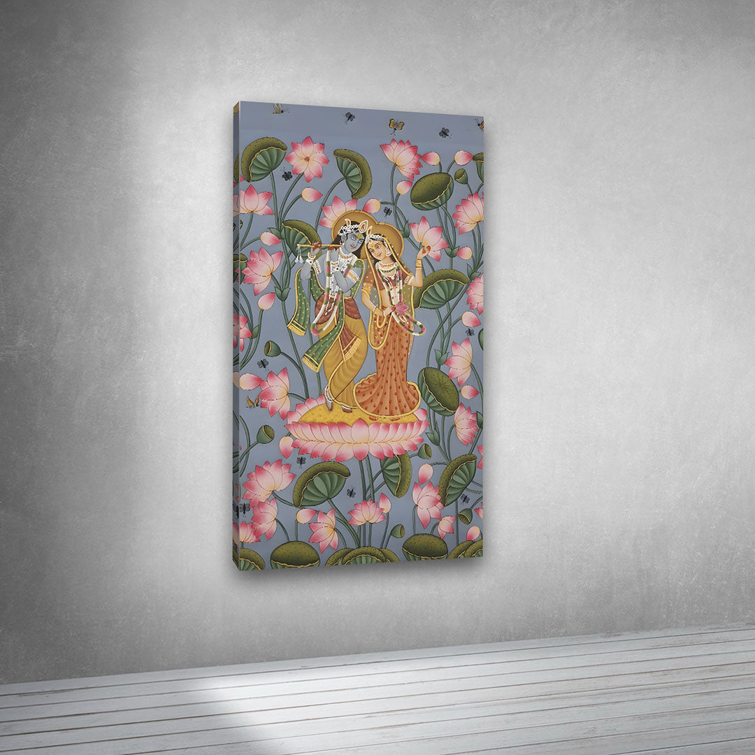Radha Krishna Lotus Garden Canvas Painting Frame Vertical Wall Decor for Living Room