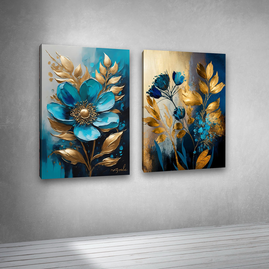 Teal Blue Gold Floral Canvas Painting Set of 2 Modern Wall Art (18 x 24 Inches Each Part)