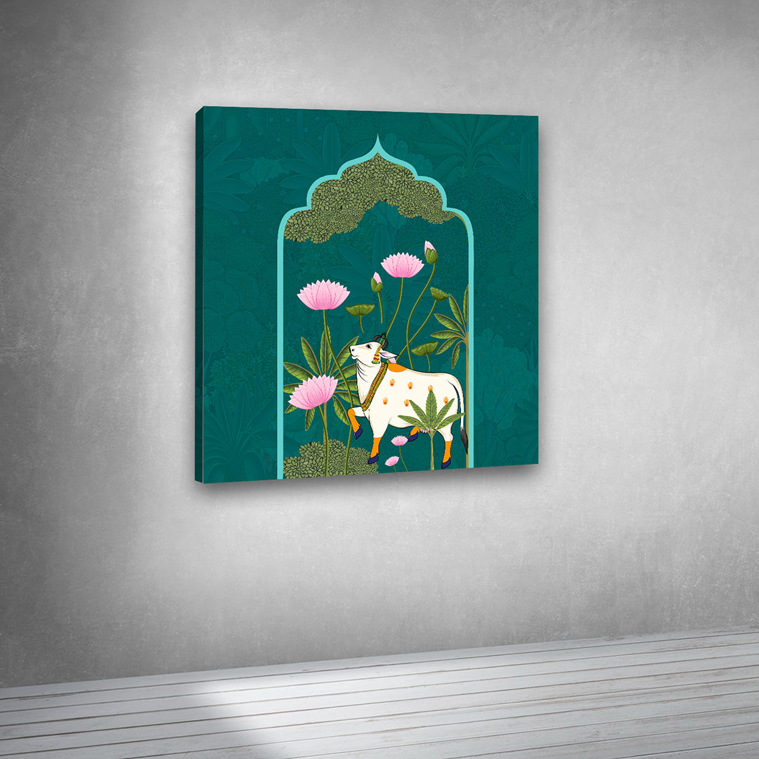 Canvas Painting Wall Frame | Traditional Indian Pichwai Cow Art | Sacred Kamdhenu with Pink Lotus in Teal Arch Modern Wall Art Decors