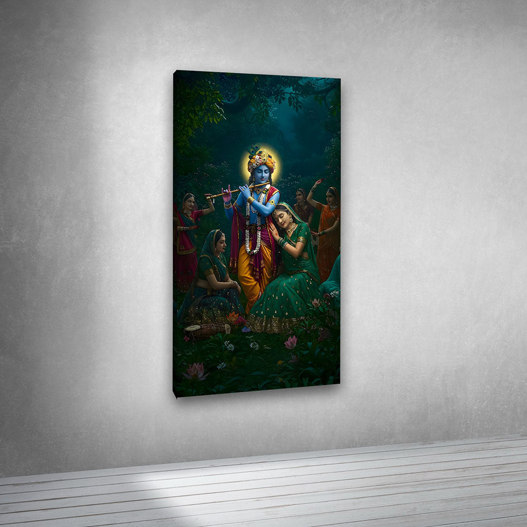 Krishna Raas Leela Canvas Painting Frame Vertical Spiritual Wall Decor for Living Room