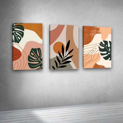 Abstract Botanical Wall Art Set of 3 Panels | Modern Leaf Canvas Painting | Acrylic UV Printed Wall Decor for Living Room Bedroom (18 x 24 Inches Each Part)