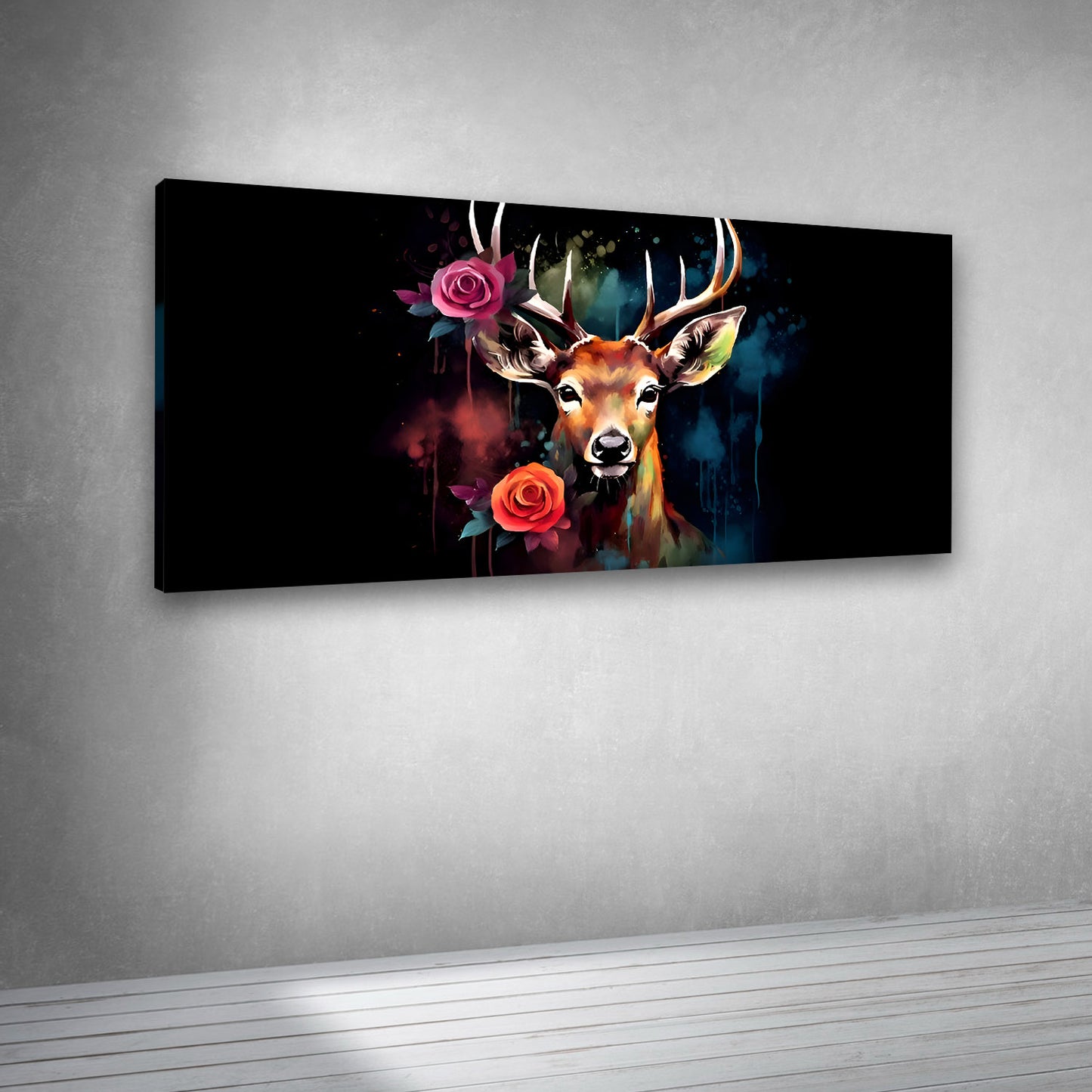 Canvas Painting Wall Frame | Majestic Stag with Roses in Abstract Night | Big Large Size Canvas Animal Wall Art