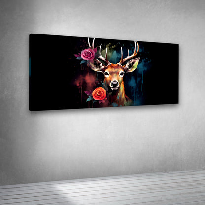 Canvas Painting Wall Frame | Majestic Stag with Roses in Abstract Night | Big Large Size Canvas Animal Wall Art