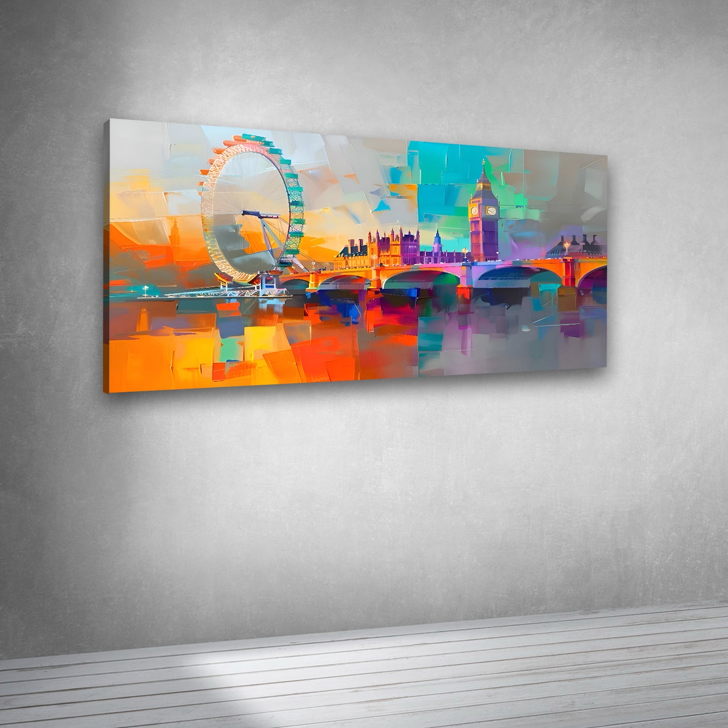 Canvas Painting Wall Frame | Vibrant Abstract London Skyline | Impressionist Big Ben and London Eye Big Large Size Painting