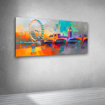 Canvas Painting Wall Frame | Vibrant Abstract London Skyline | Impressionist Big Ben and London Eye Big Large Size Painting