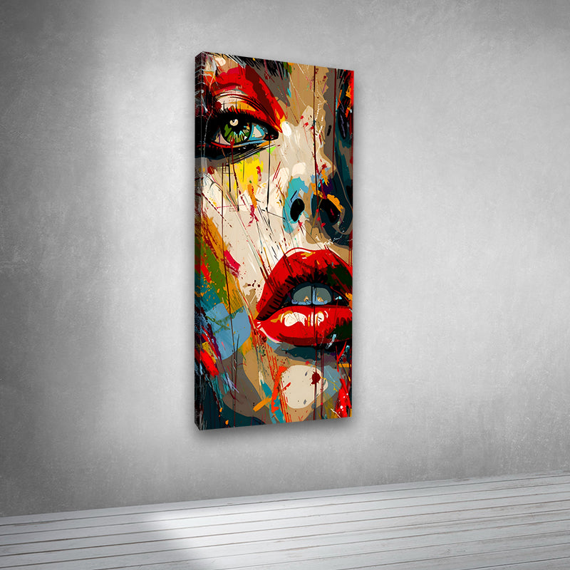 Canvas Painting Wall Frame | Colorful Abstract Female Face with Red Lips | Big Large Size Contemporary Urban Wall Art
