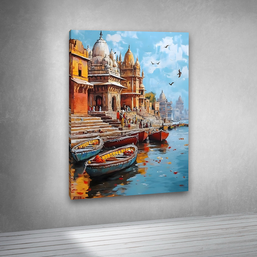 Varanasi Ghat Boats Canvas Painting Frame Colorful River City Wall Decor for Living Room
