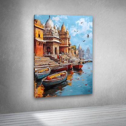Varanasi Ghat Boats Canvas Painting Frame Colorful River City Wall Decor for Living Room