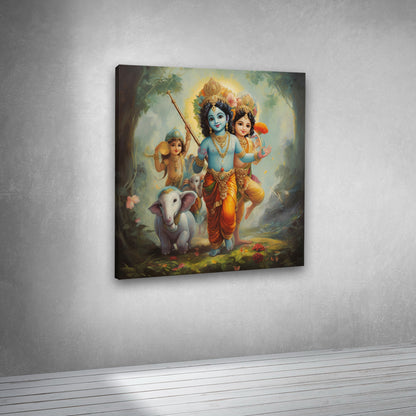 Bal Krishna with Radha and Friends Canvas Painting Wall Art