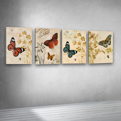 Vintage Butterfly Wall Art Set of 4 Panels | Classic Floral Canvas Painting | Acrylic UV Printed Wall Decor for Living Room Bedroom (12 x 18 Inches Each Part)
