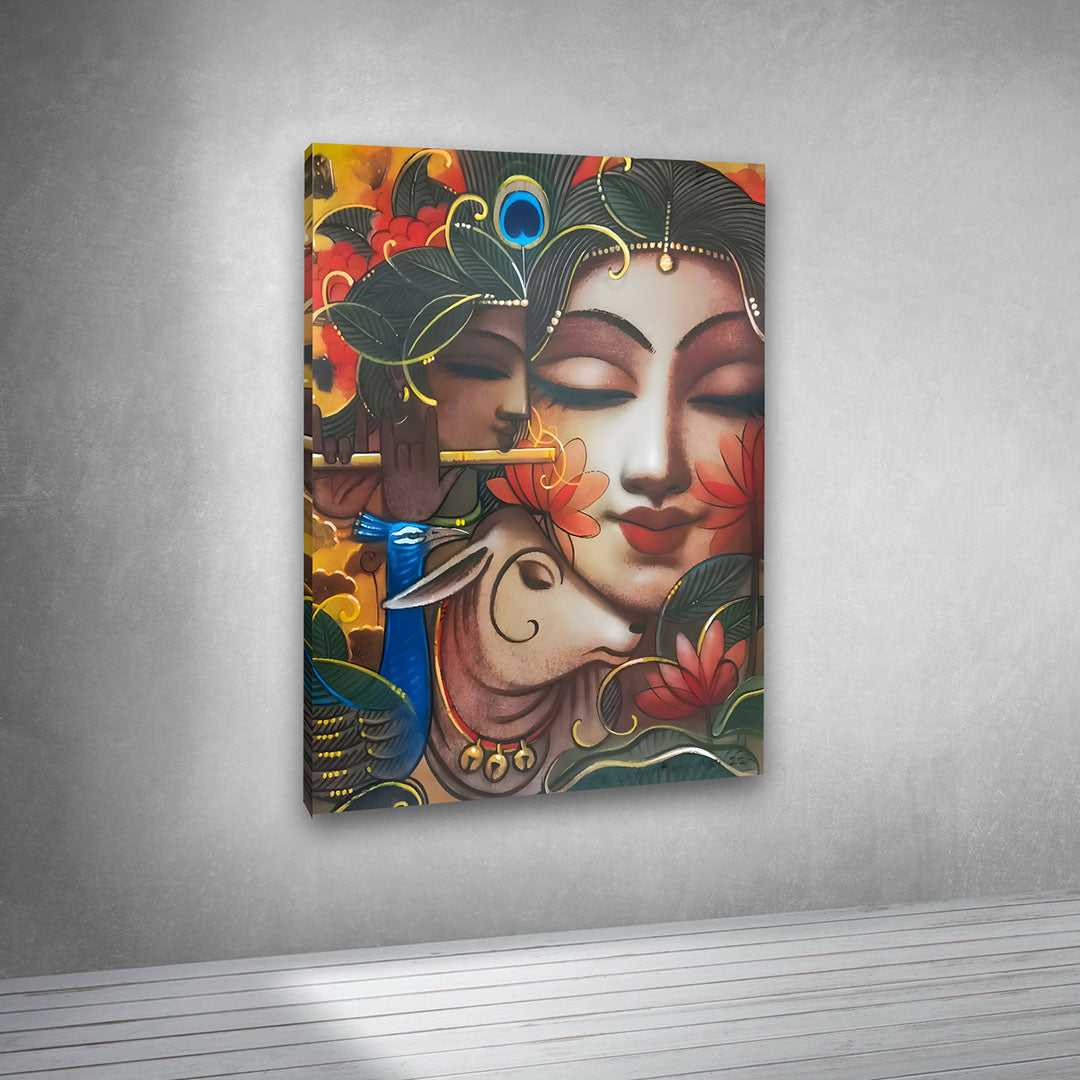 Krishna Face with Cow Artistic Canvas Painting Frame Wall Decor for Living Room