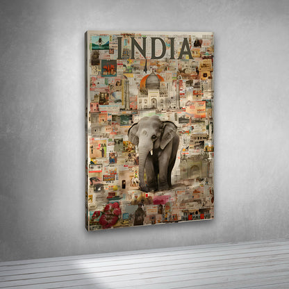 India Elephant Taj Mahal Canvas Painting Frame – Vintage India Travel Collage Canvas Wall Art Painting Frame for Living Room Wall Decor