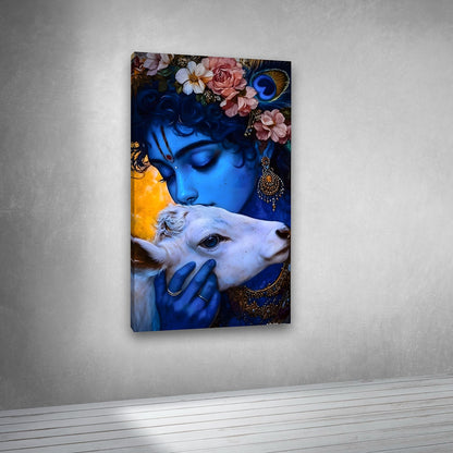 Bal Krishna with Cow Canvas Painting Frame Spiritual Wall Decor for Living Room