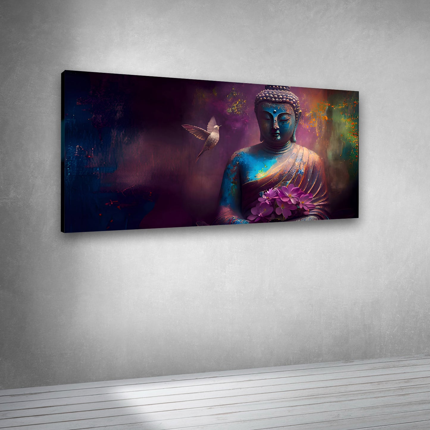 Canvas Painting Wall Frame | Meditating Lord Buddha with White Bird & Pink Lotus | Spiritual Peace and Tranquility Big Large Size Painting