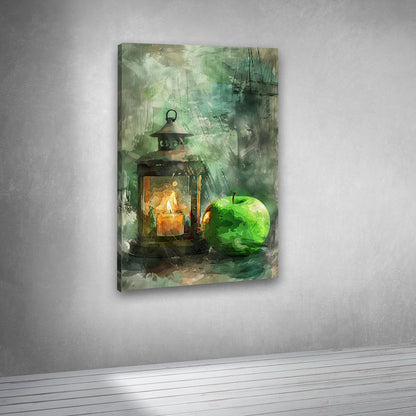 Lantern with Green Apple Still Life Canvas Painting Wall Art