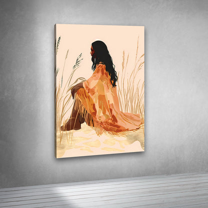 Bohemian Woman Canvas Painting Frame – Minimalist Boho Style Canvas Wall Art Painting Frame for Living Room Decor