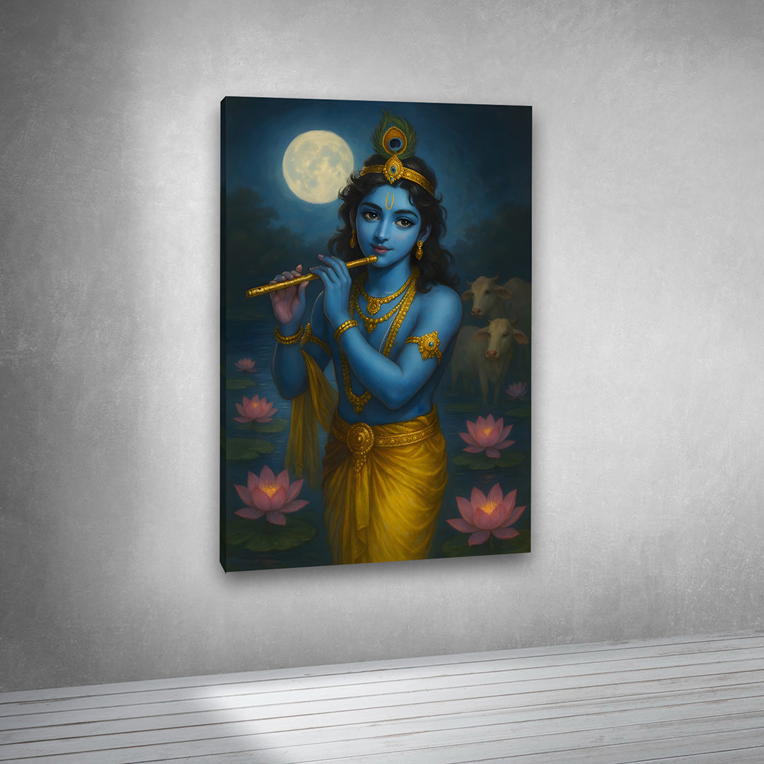 Bal Krishna Moonlight Canvas Painting Frame Spiritual Wall Decor for Living Room