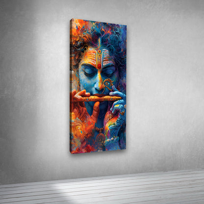Canvas Painting Wall Frame | Divine Lord Krishna Playing Flute Abstract Art | Big Large Size Spiritual Wall Art